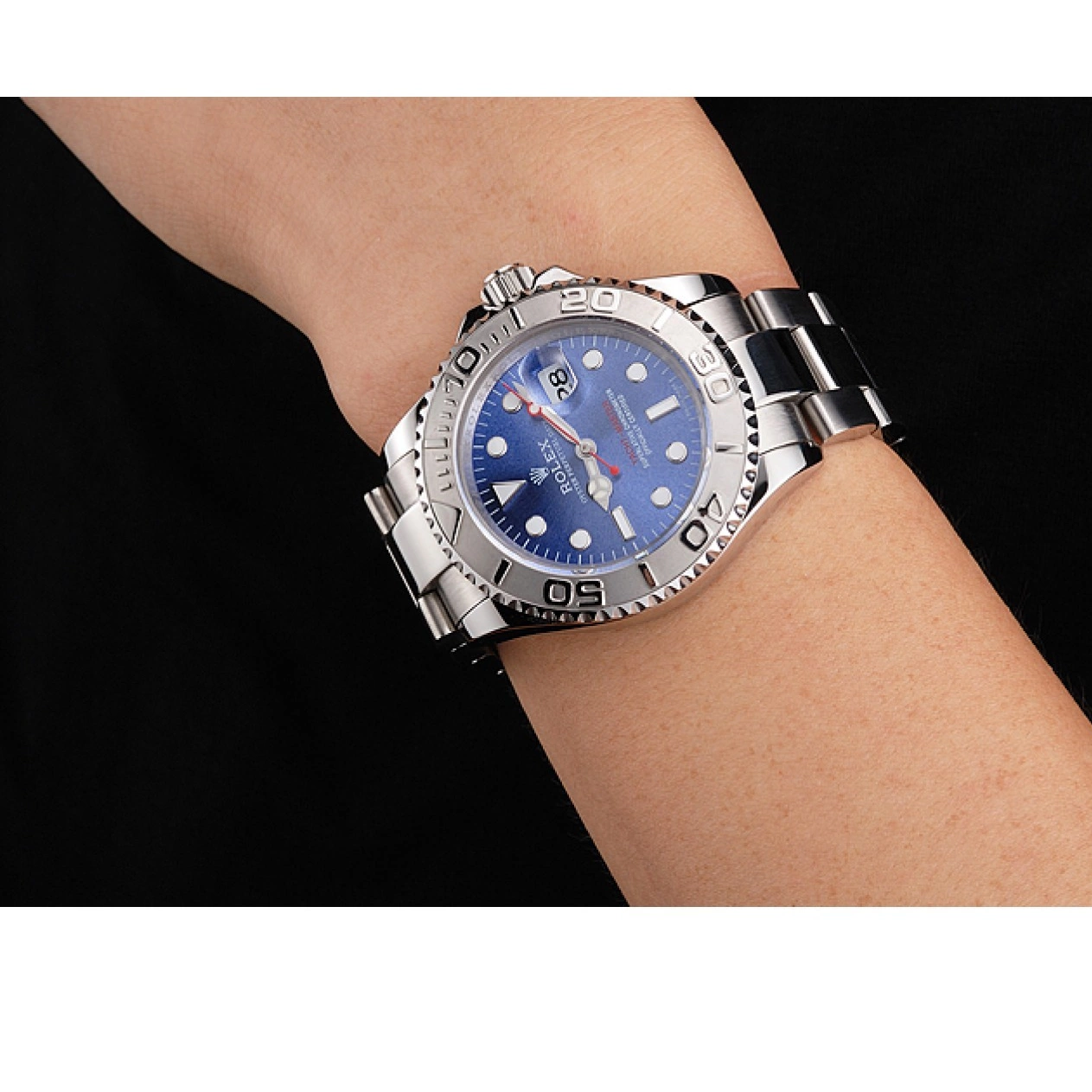 Aaa replica watch Steel And Swiss Dial Rolex Stainless Yacht-Master Bracelet Blue Case 0805